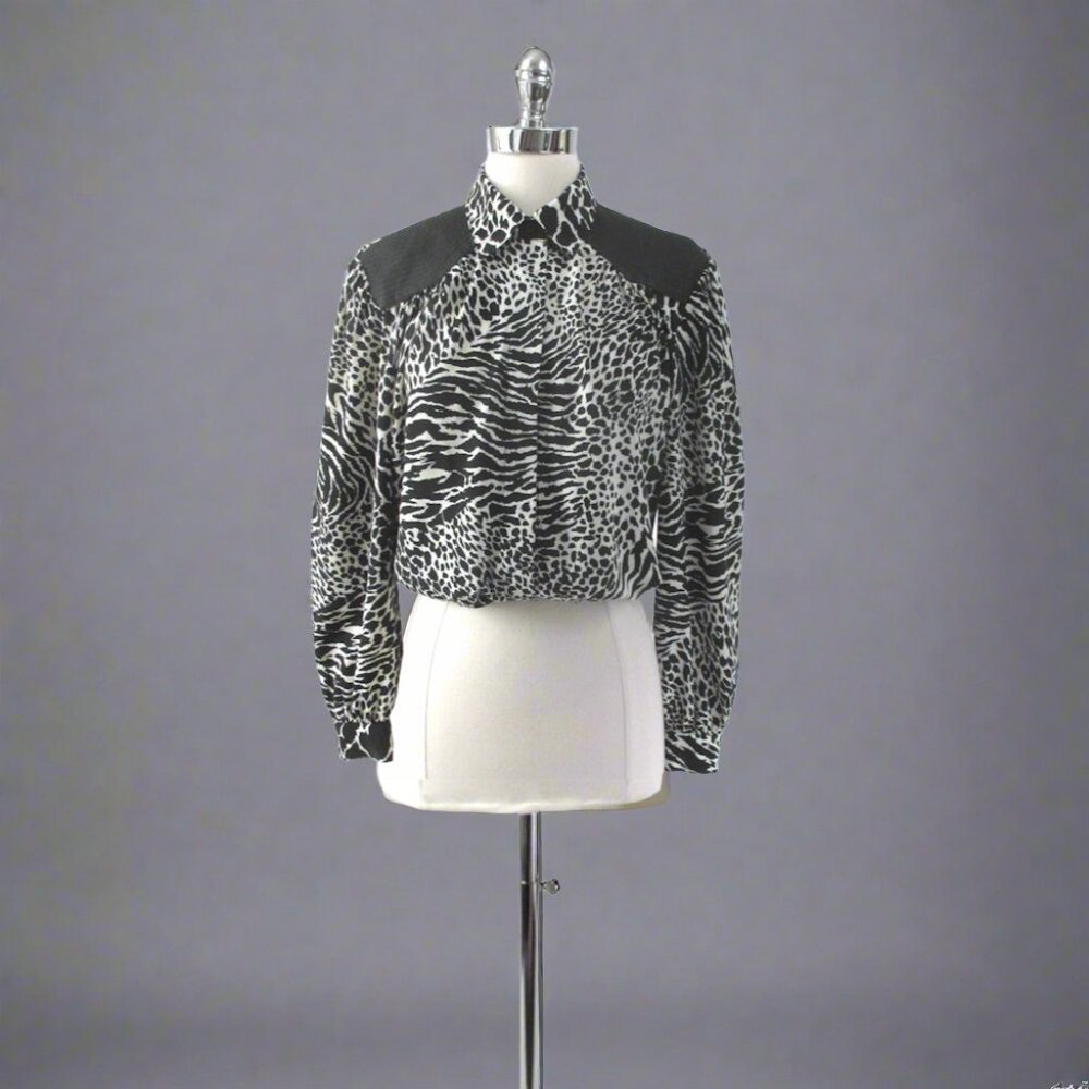 Vintage 80s Faux Leather Leopard Zebra Blouse M